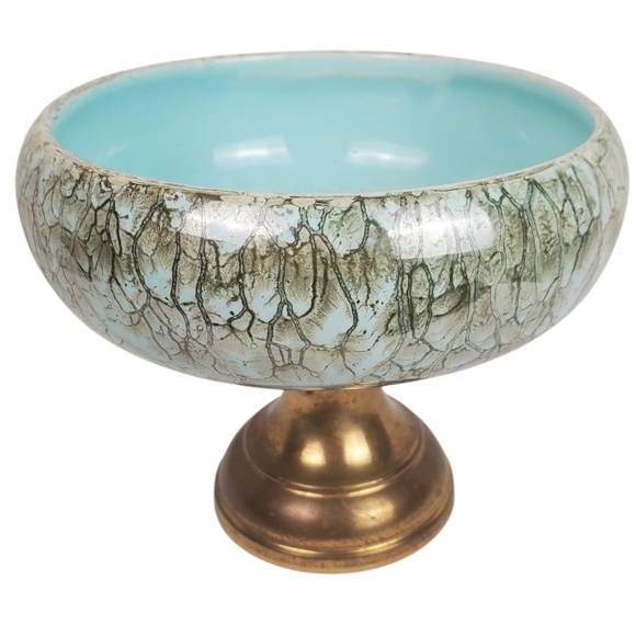 None Other - Vintage Mid-Century Modern Delft Holland Pedestal Bowl - Hand-Painted Turquoise